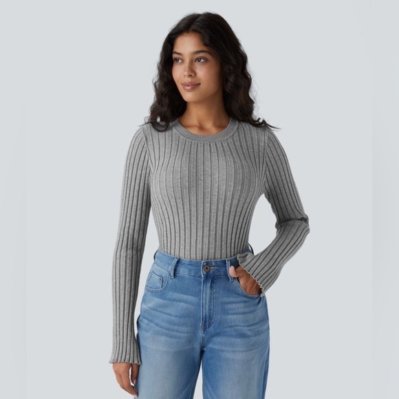 Halara Gray ROUND NECK LONG SLEEVE FRILL SWEATER SIZE L. - Picture 6 of 10